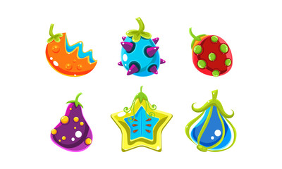 Colorful fantasy glossy fruits set, user interface assets for mobile apps or video games vector Illustration on a white background