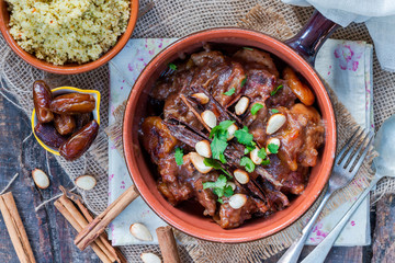 Chicken, date and honey tajine with couscous - top view