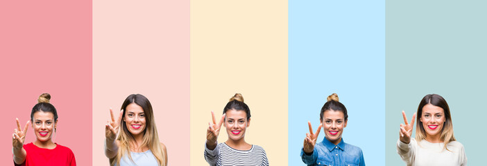 Collage of young beautiful woman over colorful vintage stripes isolated background showing and pointing up with fingers number two while smiling confident and happy.