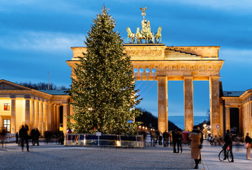 Brandenburg Gate Building Berlin with Christmas tree in the night Germany © Roman Babakin