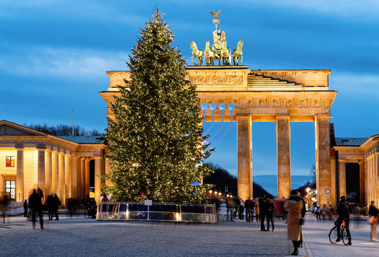 Brandenburg Gate Building Berlin with Christmas tree in the night Germany