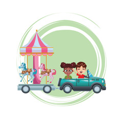 smiling kids driving car cartoon