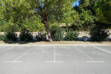 Empty parking spaces on the street. Parking area environment. City street road side view.