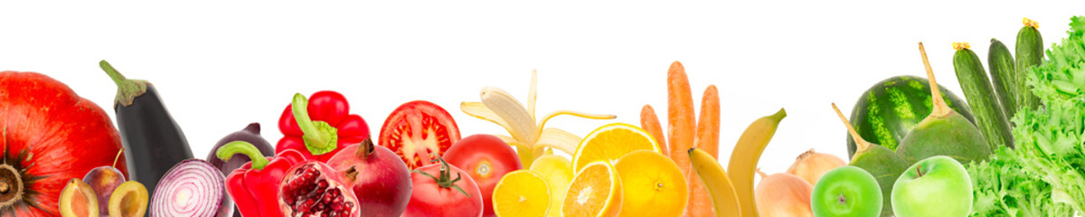 Wide collage of fresh fruits and vegetables for layout isolated on white background. banana,...