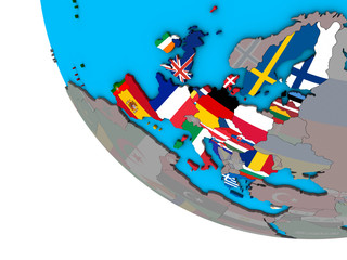 European Union with embedded national flags on simple 3D globe.