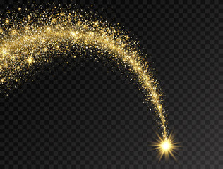 Magic shining gold star with dust tail. Star dust trail with glitter sparkling particles on transparent background. Golden glittering space comet. Cosmic wave. Festive backdrop. Vector illustration