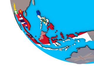 ASEAN memeber states with embedded national flags on simple 3D globe.