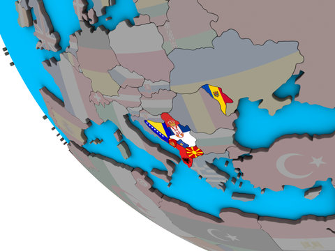 CEFTA countries with embedded national flags on simple 3D globe.