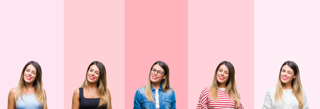 Collage of young beautiful woman over pink stripes isolated background winking looking at the camera with sexy expression, cheerful and happy face.