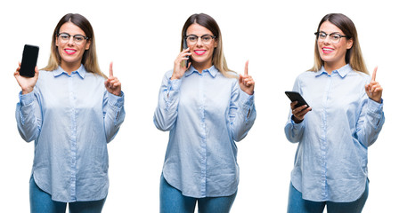 Collage of young beautiful business woman using smartphone over isolated background surprised with an idea or question pointing finger with happy face, number one