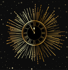 Happy New Year shiny card with gold clock, firework and snow.