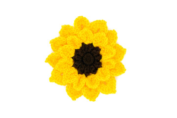 Sunflower flower head crochet of wool at white isolated background