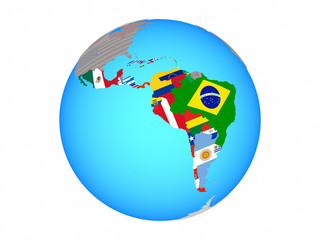 Latin America with national flags on blue political globe. 3D illustration isolated on white background.