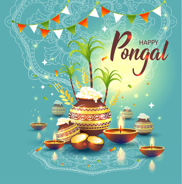 illustration of Happy Pongal Holiday Harvest Festival of Tamil Nadu South India. Greeting background.