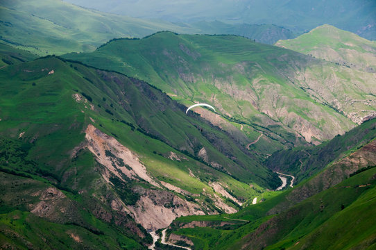 Panorama of the Chegem gorge. It is observed from height of flight the glider.