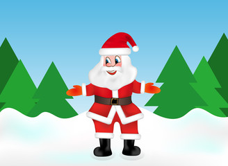 Santa Claus in the snow forest on the background of Christmas trees welcomes guests. Vector illustration.