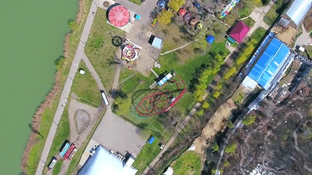 Aerial view extreme attraction Rail Park City It is a popular amusement park for both children and adults, Krasnodar, Russia.