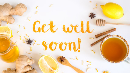 Get well soon - written from ground turmeric on a white background among the products for the...