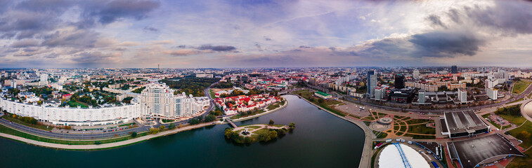 Aerial view drone, cityscape of Minsk, Belarus. Sunset. Panorama