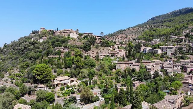 Flight over Mountain Village Deia in Mallorca Tramuntana Mountains, Region Valldemossa and Soller