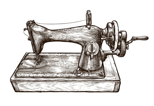 Vintage sewing machine, sketch. Tailor studio, sewing workshop, handicraft concept. Vector illustration