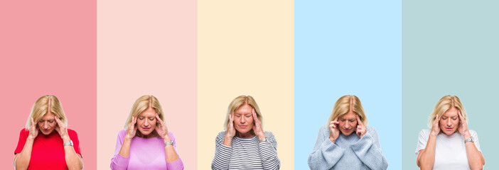 Collage of middle age senior beautiful woman over colorful stripes isolated background with hand on head for pain in head because stress. Suffering migraine.