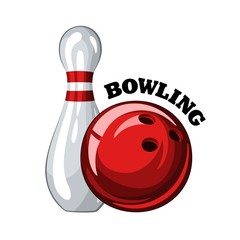 Vector illustration of bowling skittle and red bowling ball with inscription, isolated on white background 1.1