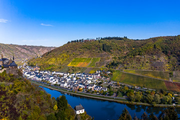 Fototapeta na wymiar Aerial photograph, Cochem - Zell am Mosel with Reichsburg Cochem, Moselle, Cochem-Zell district, Rhineland-Palatinate, Germany
