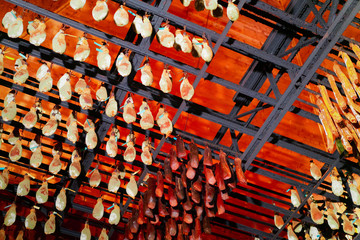 Hanging traditional dried french sausage