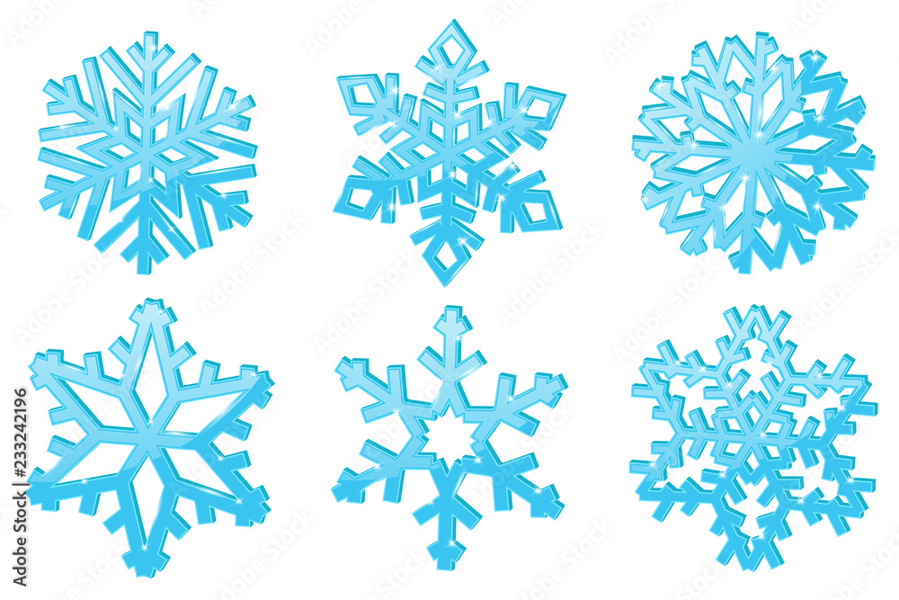 Poster Snowflakes. Set of blue 3d winter symbols