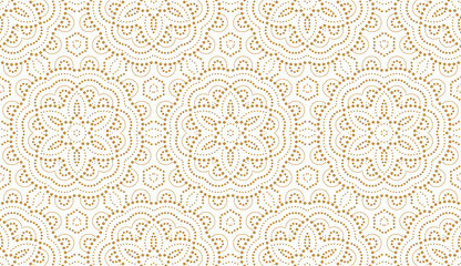 Motif géométrique de fleurs avec des points. Fond vectorielle continue. Ornement blanc et or. Ornement pour tissu, papier peint, emballage. Imprimé décoratif
