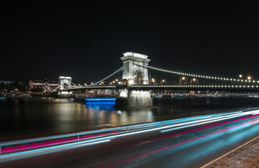 Chain bridge on danube river in budapest city hungary at night