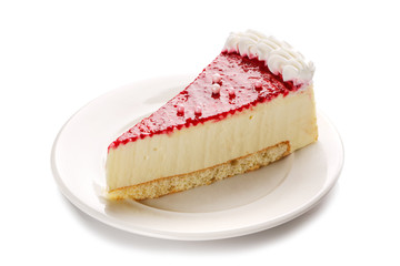 Cheese cake with strawberry jelly isolated on white background