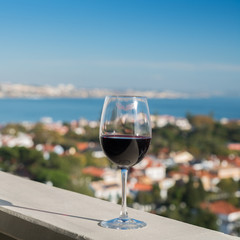 Glass of red wine with lipstick mark