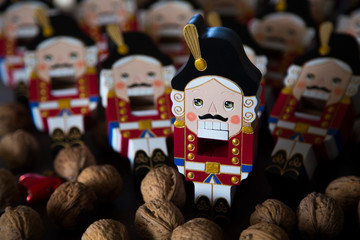 Traditional Christmas decoration handmade wooden nutcracker from classical Tchailovsky ballet, Christmas concept background