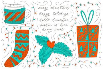 colorful vector christmas doodles with coffee mug, tea cup wearing a sweater, santa's sock, cranberries, gift box, christmas lights and calligraphy: merry christmas, happy holidays, hello december etc