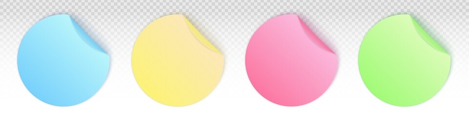 Creative vector illustration of round adhesive stickers with curved corner, folded edges isolated on transparent background. Art design paper circle memos template. Abstract concept price tag element
