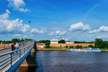 Fototapeta premium Kremlin walls and excursion boats on Volkhov River Veliky Novgorod