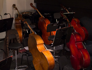 String instruments . Violin, viola and cello orchestra instrument. Classical music instruments . © Titolino