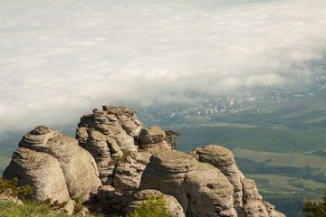 Rock formations of the Demerdji mountain, Crimea, Russia. Valley of Ghosts, landmark of Crimea