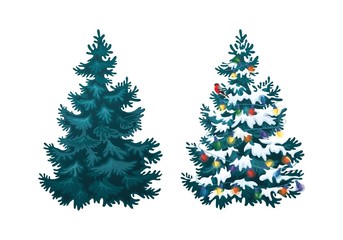 Vector illustration of decorated christmas tree in snow on white background. Blue fluffy christmas pine, isolated on white background 2.2