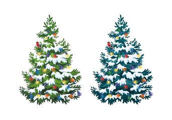 Vector illustration of decorated christmas tree in snow on white background. Green and blue fluffy pines, isolated on white background 1.1