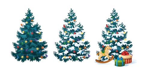 Vector illustration of decorated christmas tree with gifts and toys on white background. Blue fluffy christmas pine in snow 2.2