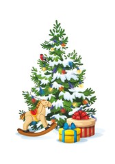 Vector illustration of decorated christmas tree with gifts and toys on white background. Green fluffy christmas pine in snow, isolated on white 1.1