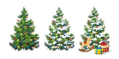 Vector illustration of decorated christmas tree with gifts and toys on white background. Green fluffy christmas pine in snow, isolated on white 1.2