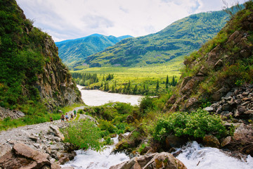 Nature of Altai mountains Katun River Waterfall in Siberia