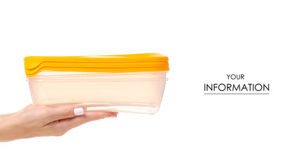 Plastic food container in hand on white background isolation