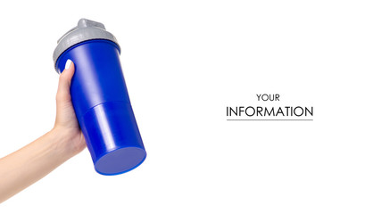 Blue sports shaker bottle in hand pattern on white background isolation