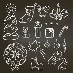 Christmas set of hand drawn chalk contour doodles. Illustration with christmas chalk elements on black board: christmas tree,candy cane, wreath, snowflakes, mittens, gifts.