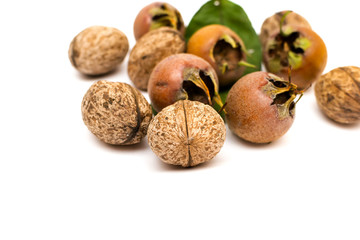 A pile of walnuts and medlars on a white background